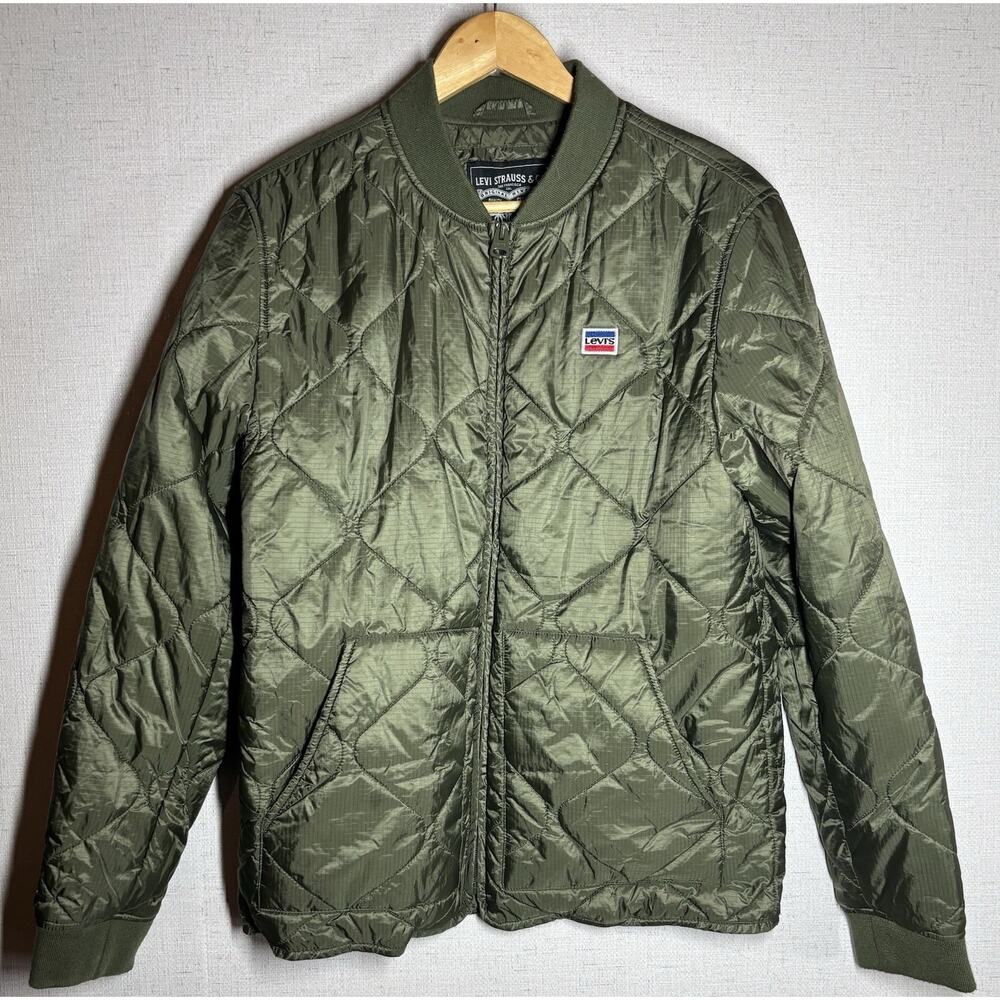 Levi’s Diamond Quilted Bomber Jacket Men M Green Nylon Zip Lightweight Military